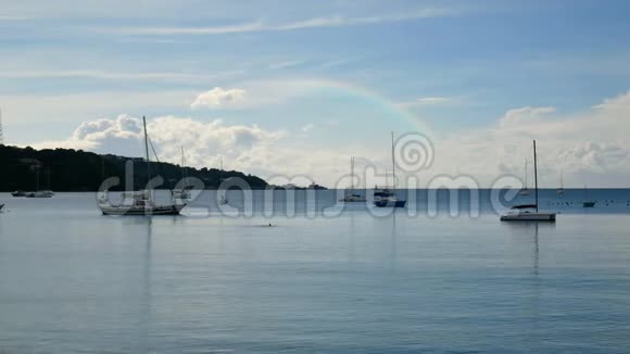 4K视频在一个美丽的日子里许多帆船停泊在海湾海岸天空中有彩虹视频的预览图