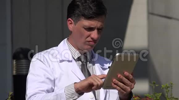 困惑的西班牙裔男性医生使用药片视频的预览图