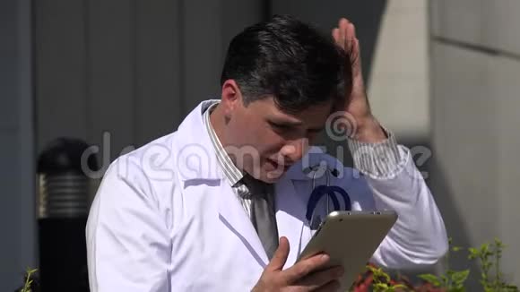 压力西班牙男性医生使用平板视频的预览图