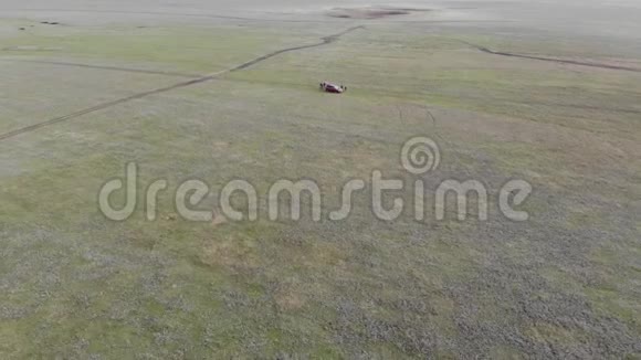 四翼飞机在草原上飞过汽车视频的预览图
