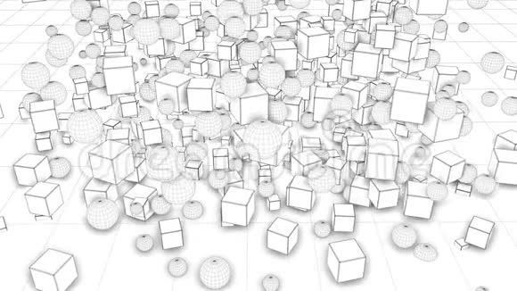 球体和立方体是成群和重新排列的有趣的三维合成简单的几何物体4k环平滑视频的预览图