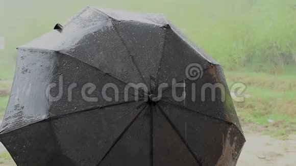 大雨倾盆水滴落在一把黑色的伞上从伞上往下流视频的预览图