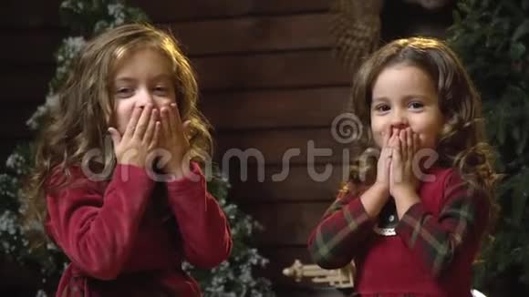 两个穿着红色裙子的可爱女孩正坐在一个有新年装饰的房间里的圣诞树背景上视频的预览图