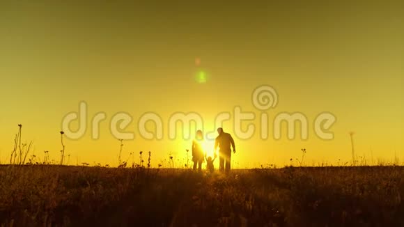 爸爸和妈妈正在和小宝宝玩手握在夕阳的金色阳光下视频的预览图