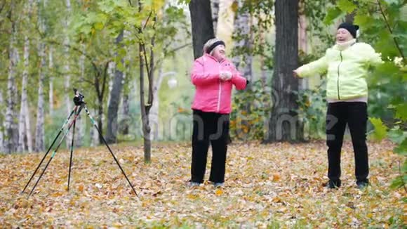 斯堪的纳维亚人散步后一个成熟的女人在一个秋天的公园里做体操视频的预览图