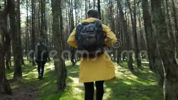 在秋林中漫步的男人和女人视频的预览图