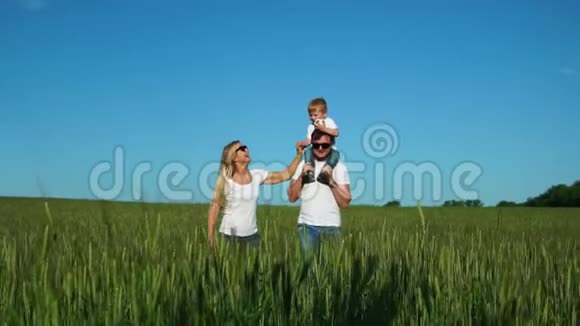 幸福的一家人在田野里奔跑和微笑他们的儿子笑着牵着手坐在鞭子上的儿子视频的预览图
