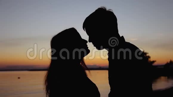 年轻的一对夫妇在沙滩上迎着金色的夕阳做心形视频的预览图