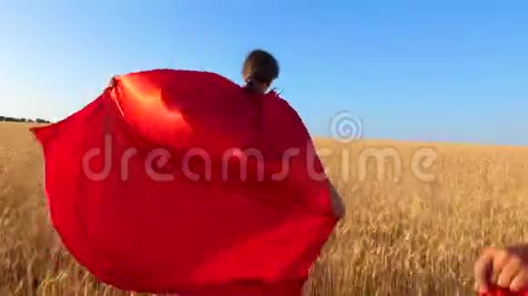 年轻女孩的超级英雄带着小麦跑过田野对抗蓝天视频的预览图