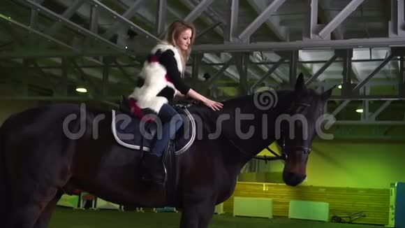 迷人的年轻女子抚摸着马穿着便装的金发女郎和穿着马褂的种马视频的预览图