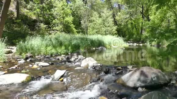 亚利桑那州橡树溪峡谷从橡树溪的岩石和小急流上看到水流视频的预览图
