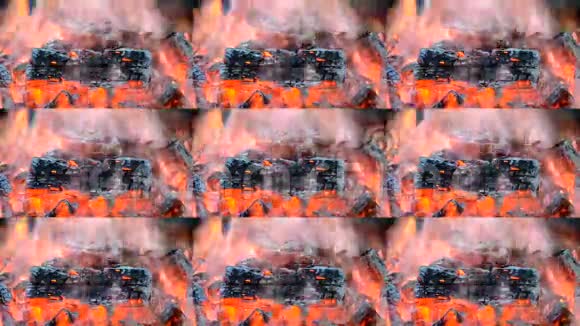 燃烧的木头在火的特写镜头中冒烟燃烧视频的预览图
