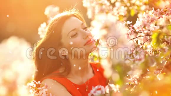 一位美丽的年轻女子闻着一棵开花的树枝视频的预览图