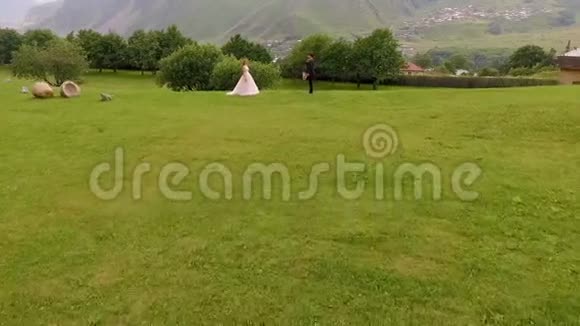 美丽幸福的新娘新郎沿着绿草如茵的大山映衬格鲁吉亚视频的预览图