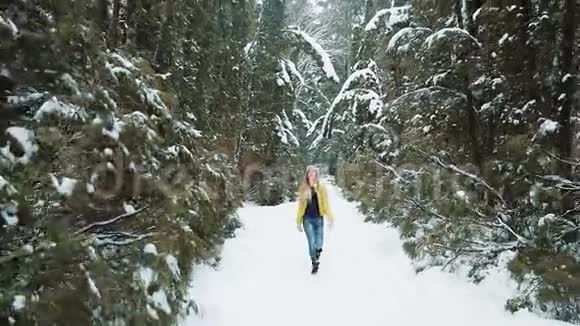 穿着黄色夹克的女孩在白雪覆盖的冬林中漫步视频的预览图