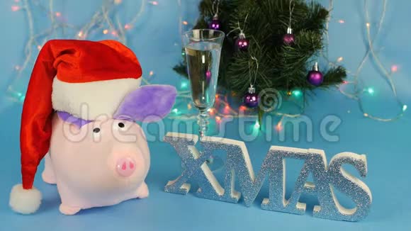 软玩具粉红色的猪戴着红色圣诞老人帽子背景是一棵蓝色的圣诞树一杯视频的预览图