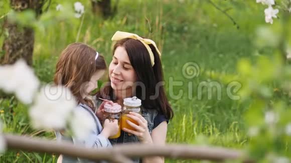 小女孩亲吻年轻母亲的自然视频的预览图
