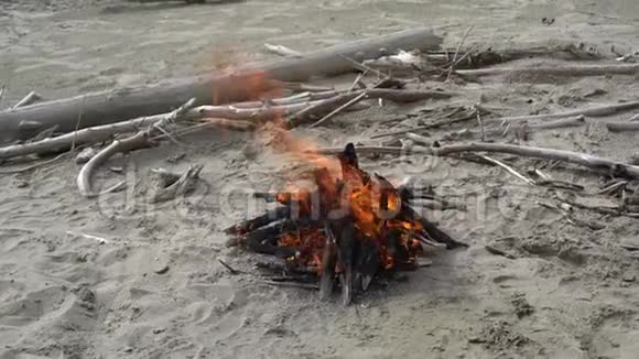 从海滩上的大火到水和海岸的全景视频的预览图