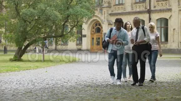 混合种族的学生和教师在公园里散步交谈高等教育视频的预览图