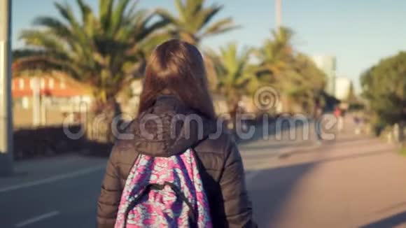 背着背包的女游客沿着棕榈大道散步视频的预览图