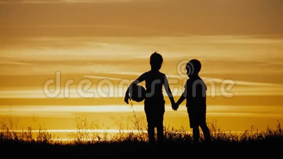 剪影两个快乐的孩子在草地上玩耍日落夏天视频的预览图