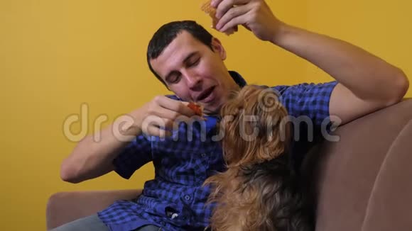 人和狗吃披萨有趣的视频快乐的男人和狗宠物吃一片披萨的概念饥饿的雄性吃一片视频的预览图