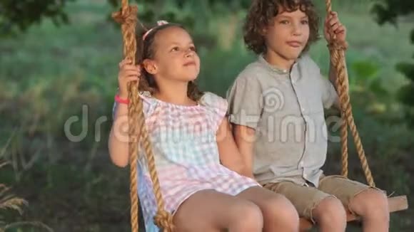 在金色的夕阳下几个快乐的孩子在木秋千上拥抱和摇摆哥哥在秋千上拥抱小妹妹视频的预览图