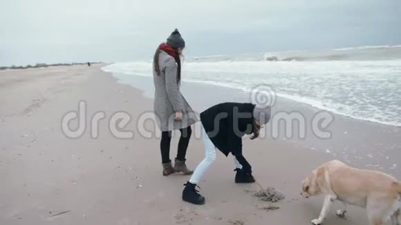 一个十几岁的女孩用棍子触摸一只死水母和妈妈和狗一起沿着海滩散步视频的预览图