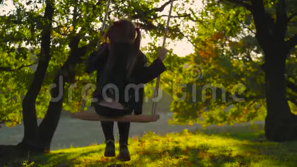 快乐的女孩在日落秋千秋小孩子在秋天玩着大自然的散步小女孩玩得很开心视频的预览图