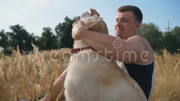 年轻人坐在草地上抚摸他的拉布拉多犬盖伊和他的宠物动物一起呆在大自然里视频的预览图