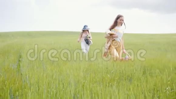 两个女人走在明亮的绿色草地上视频的预览图