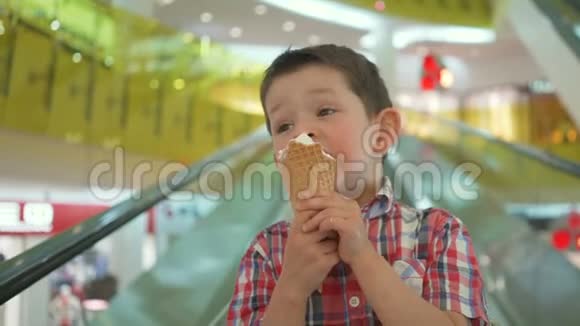 快乐的小男孩在购物车与美味的冰淇淋在家庭购物超市视频的预览图