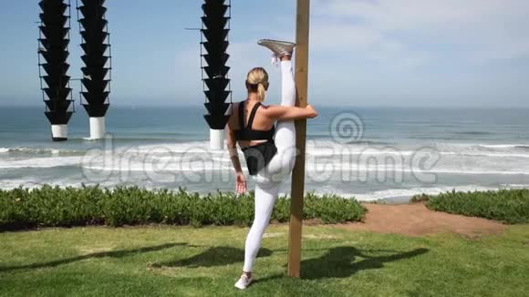 年轻的金发女人在海洋附近练习瑜伽姿势视频的预览图