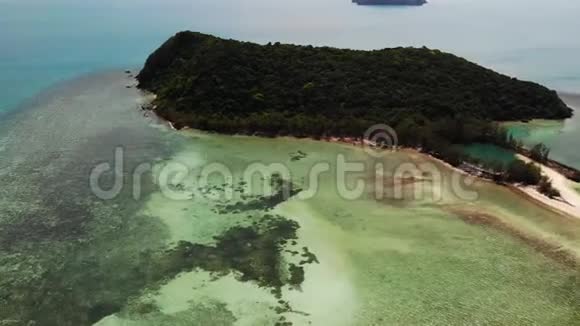 观赏神奇的珊瑚礁无人驾驶飞机在宁静的蓝海和美丽的珊瑚礁海岸附近的图片景观视频的预览图