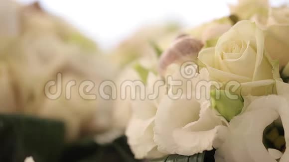 婚礼装饰粉色花束放在桌子上视频的预览图