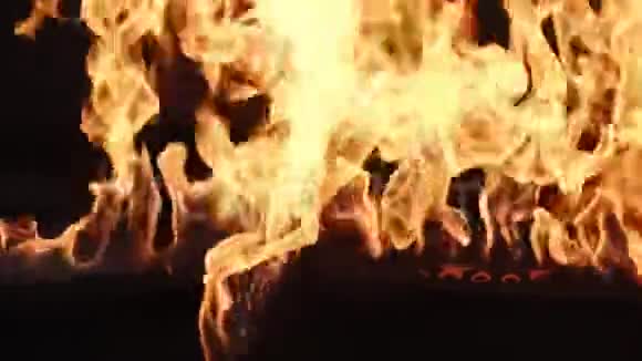 一排真正的火焰在黑色背景上点燃100fps慢动作视频的预览图