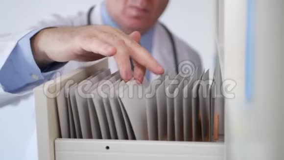 医生打开抽屉在医院医疗档案中寻找文件视频的预览图