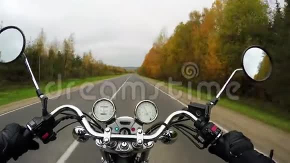 4K摩托车骑在美丽的森林道路上视野开阔经典巡洋舰永远视频的预览图