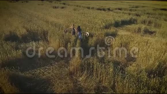 空中飞行那个女孩正沿着草地上高高的草地散步两个穿草帽和村服的年轻女人看法视频的预览图