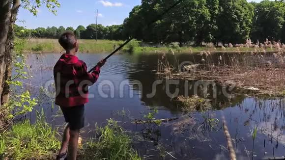 一个少年在池塘里钓鱼竿视频的预览图