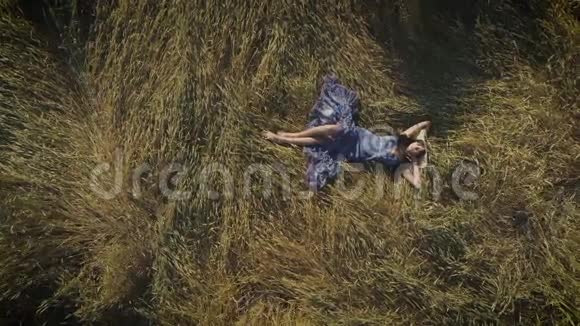 空中飞行从高处看一个穿着乡村服装的漂亮女孩的肖像美丽的年轻女子躺在草地上视频的预览图