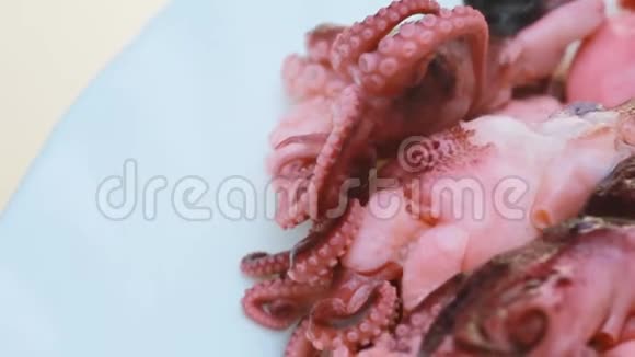 在盘子里腌制的章鱼很多章鱼在白色背景上长度35厘米视频的预览图