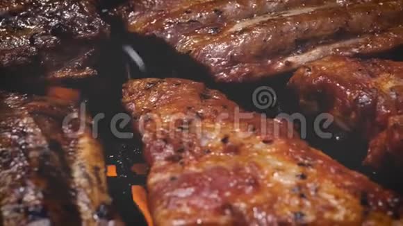 烧烤烧烤烤架上烤排骨夏季户外聚会视频的预览图