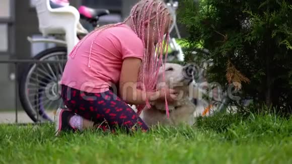 在现代城市里养宠物的生活一个长相怪异的女孩在街上抚摸她的狗视频的预览图