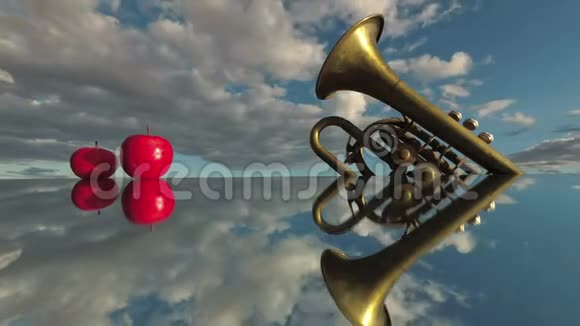 音乐概念黄铜风琴和红苹果在镜子和云的运动时间流逝视频的预览图