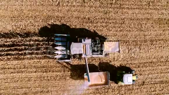 收获玉米空中细节农民使用联合收割机拖拉机和机械进行秋收视频的预览图