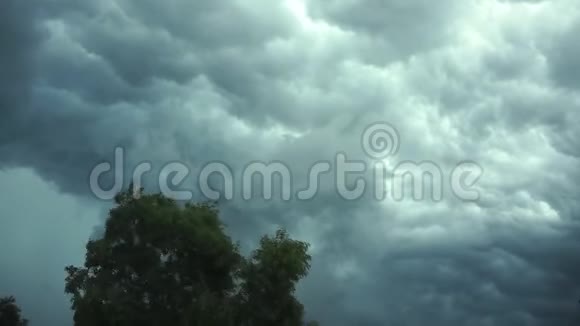 强风摇树风暴云中闪电的景象视频的预览图