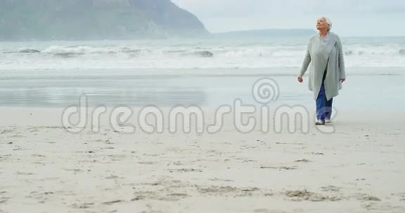 在海滩上散步的高级女人视频的预览图
