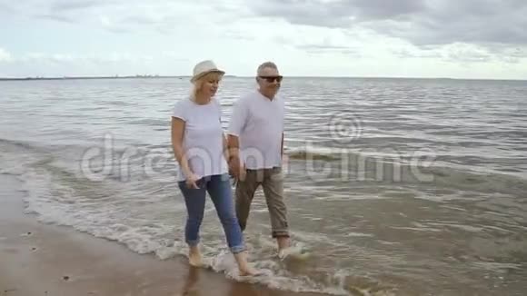 快乐的退休人士在海边散步一起享受周末视频的预览图