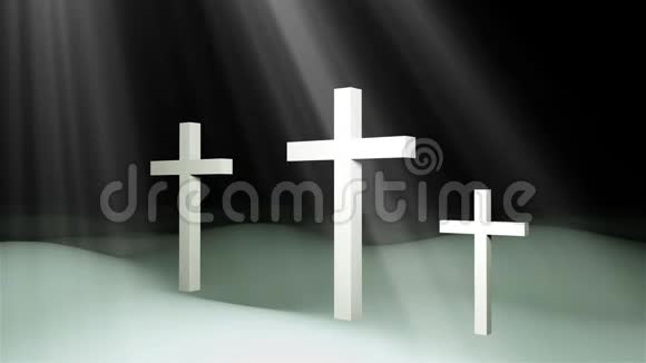 三个基督教十字架在地面和阳光复活复活节概念艺术3d渲染视频的预览图